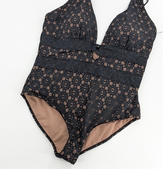 MeetCurve Black Sexy Lace Plunge One Piece Plus Size Swimsuit 3XL - Picture 3 of 7